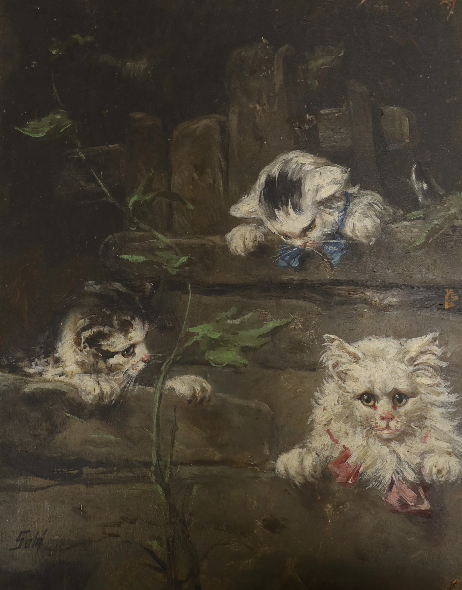 Eduardo Sanchez Sola (Spanish, 1869-1949), pair of oils on wooden panels, Studies of kittens, signed, 27 x 21.5cm, unframed